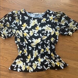 PerSeption Concept Black and Yellow Floral Puff Sleeve Blouse